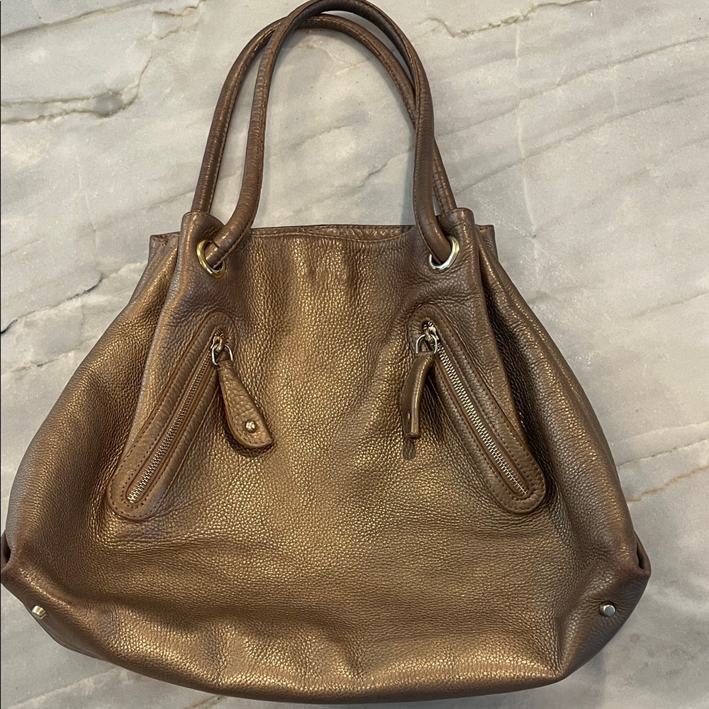 Furla Carmen Metallic Bronze Gold Drawstring Leather Slouchy Hobo Tote Bag GUC